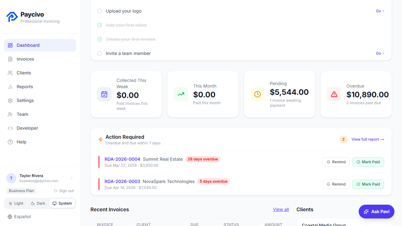 Paycivo dashboard showing invoices, revenue stats, and client management